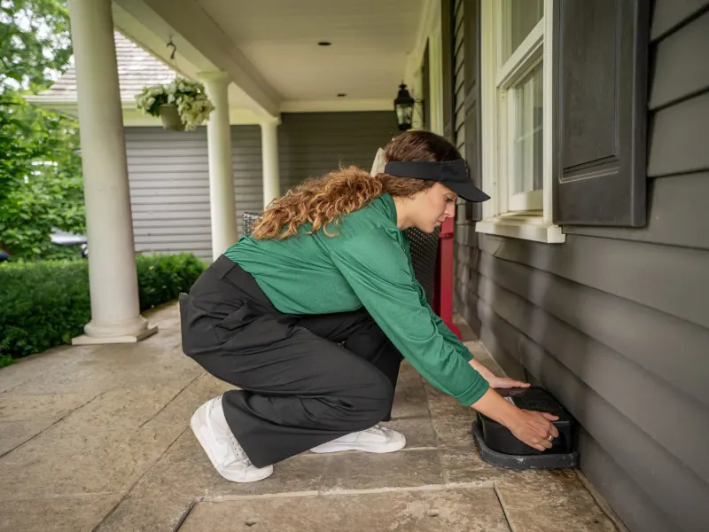 Technicienne qui vérifie une station au pied du mur d'une maison